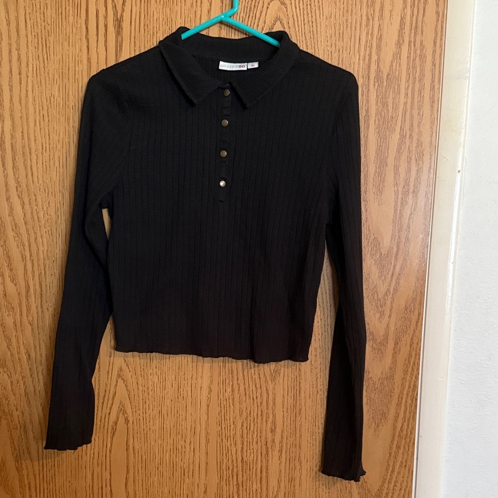 SO Long Sleeve Black Ribbed Snap Front Collared Cropped Pullover Shirt Size L
